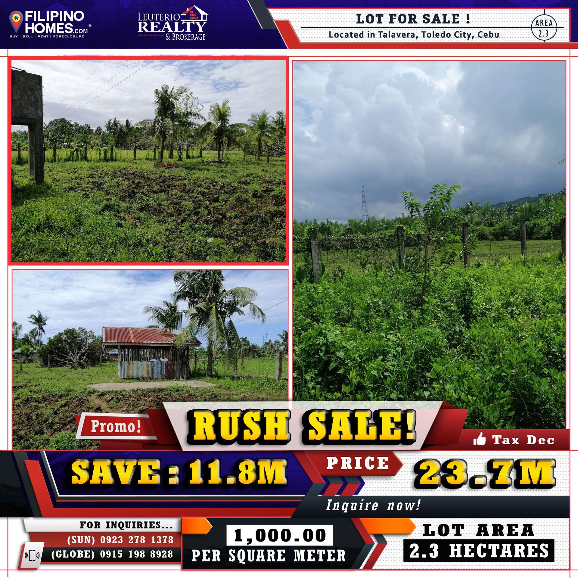 LOT FOR SALE! Located in Talavera, Toledo City, Cebu  RUSH SALE!  SAVE: 11.8 MILLION Price: Php 1,000 per sqm Lot Area: 2.3 Hectares  ✓ Tax Dec. ✓ Update Tax  🚘 10 meters From Brgy. Hall Talavera, Toledo City 🚘 5 Meters From National Highway 🚘 5 min. From Toledo City to location site. 🚘 9 min. From Toledo City Hall to location site 🚘 5 min. From Gaisano Grand mall to location site  Ideal for Residential Subdivision,  Warehouse Bodega, Factory, Etc.  ________________  For more details, site tour, and other  concerns, feel free to pm me or contact. (Sun) 0923 278 1378  (Globe) 0945 998 7230  #FilipinoHomes #Accredited PRC & DHSUD No. R7-A-12/20-5721